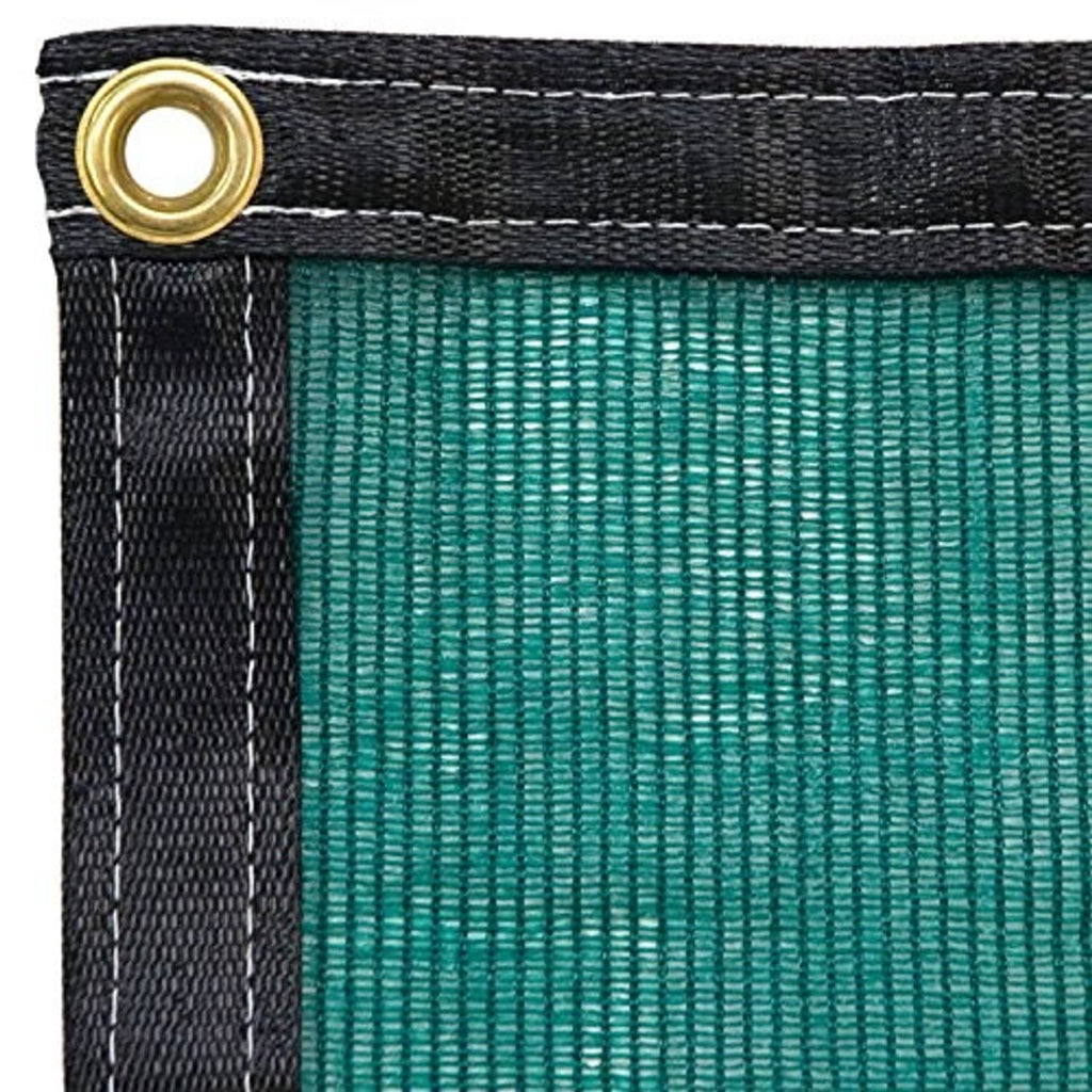 Teal shade cloth with black stitched border and brass grommet at top corner