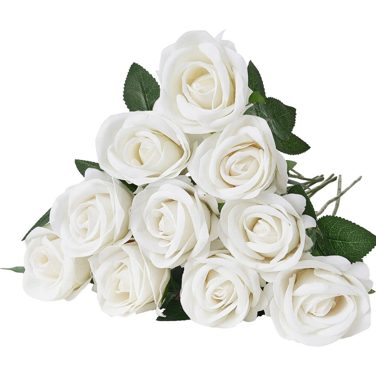 White artificial rose bouquet with green leaves, realistic layered petals