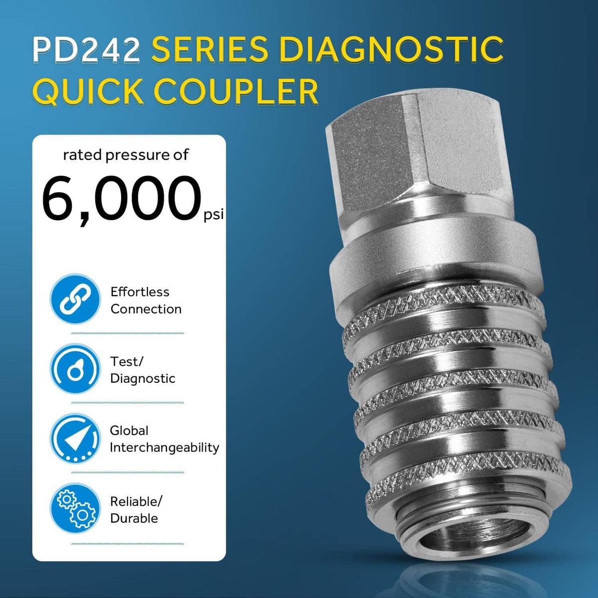 Silver diagnostic quick coupler with knurled sleeve, hex body, and male threaded end