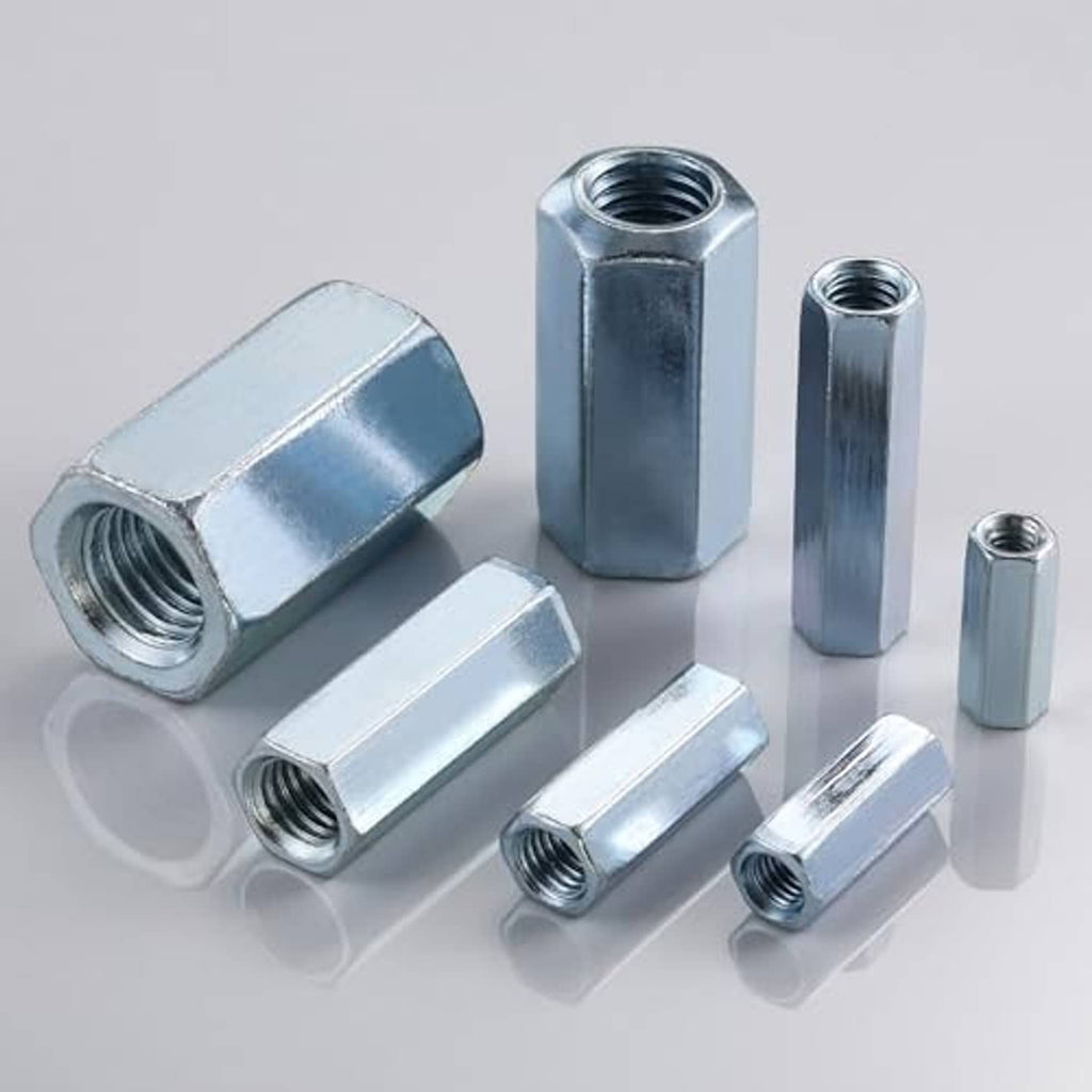 Zinc-plated extended hex coupling nuts for 1/4-20 rod, set of multiple nuts