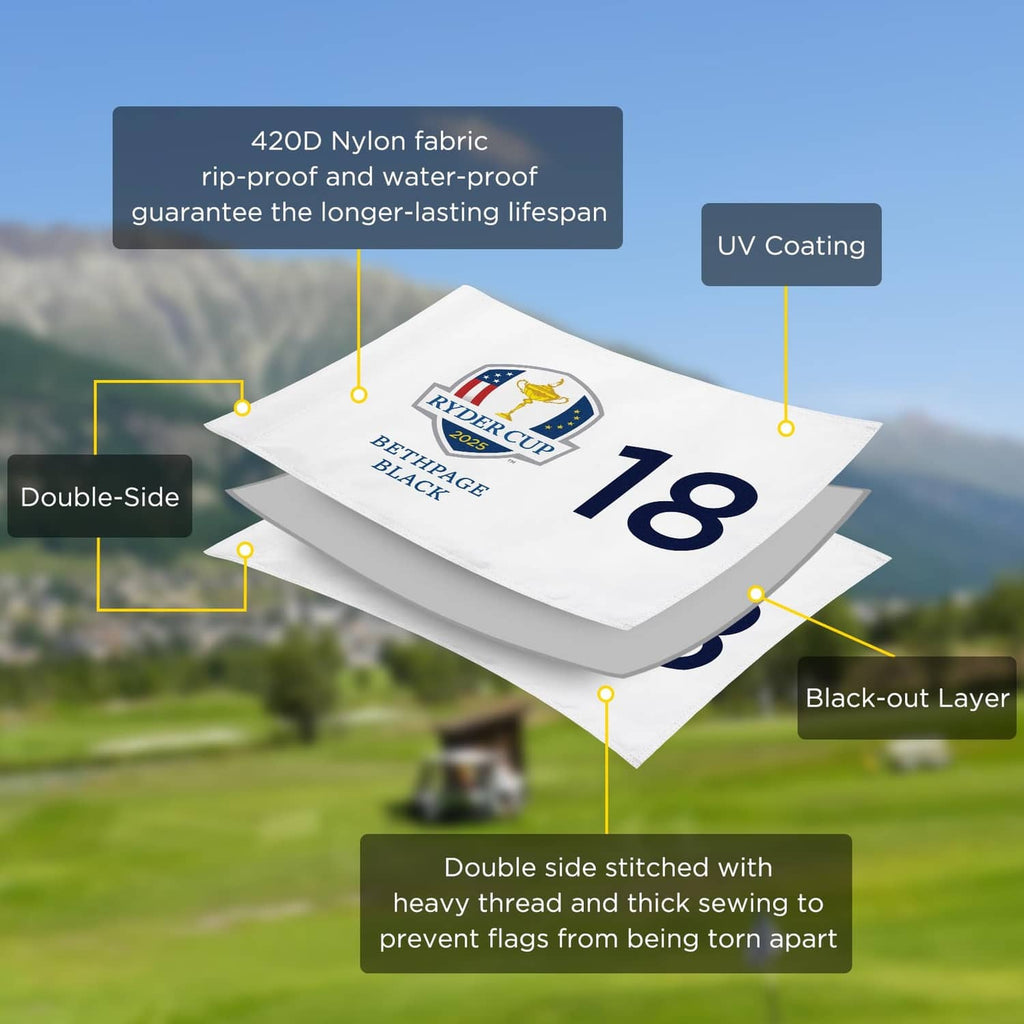 Stacked white golf flags with Ryder Cup 2025 logo and large 18