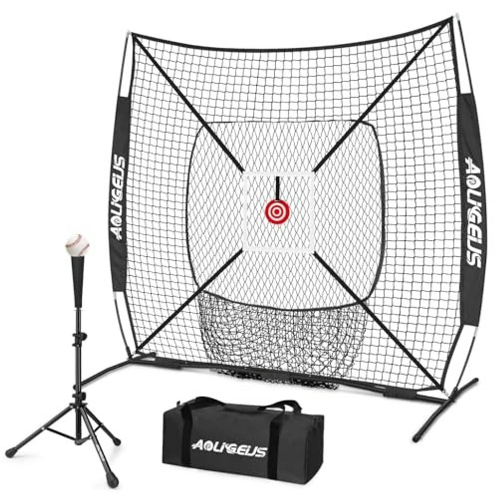 Black pitching practice net with center target, tripod stands, and black carry bag