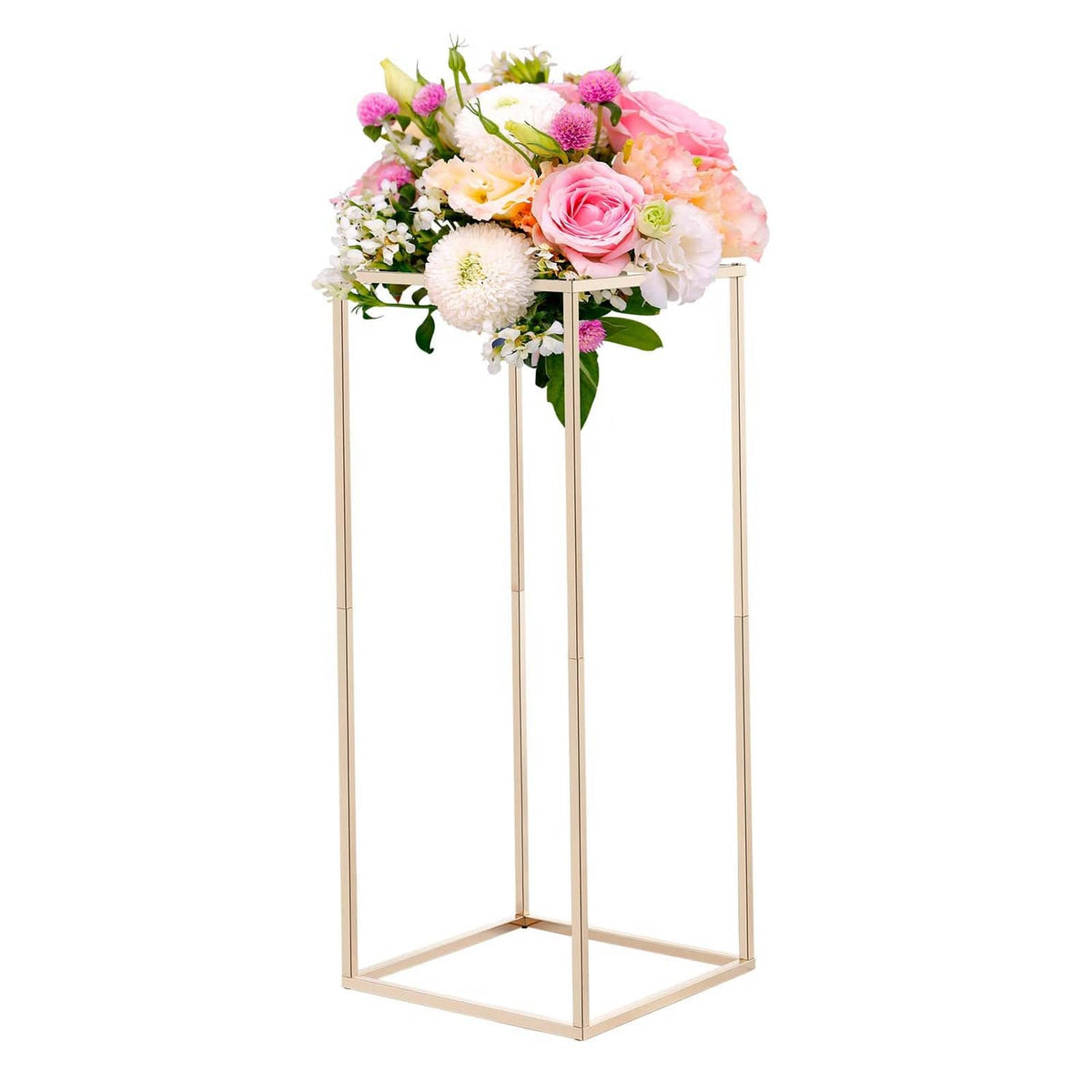 Gold flower stand with pink, white, and green bouquet on top shelf frame