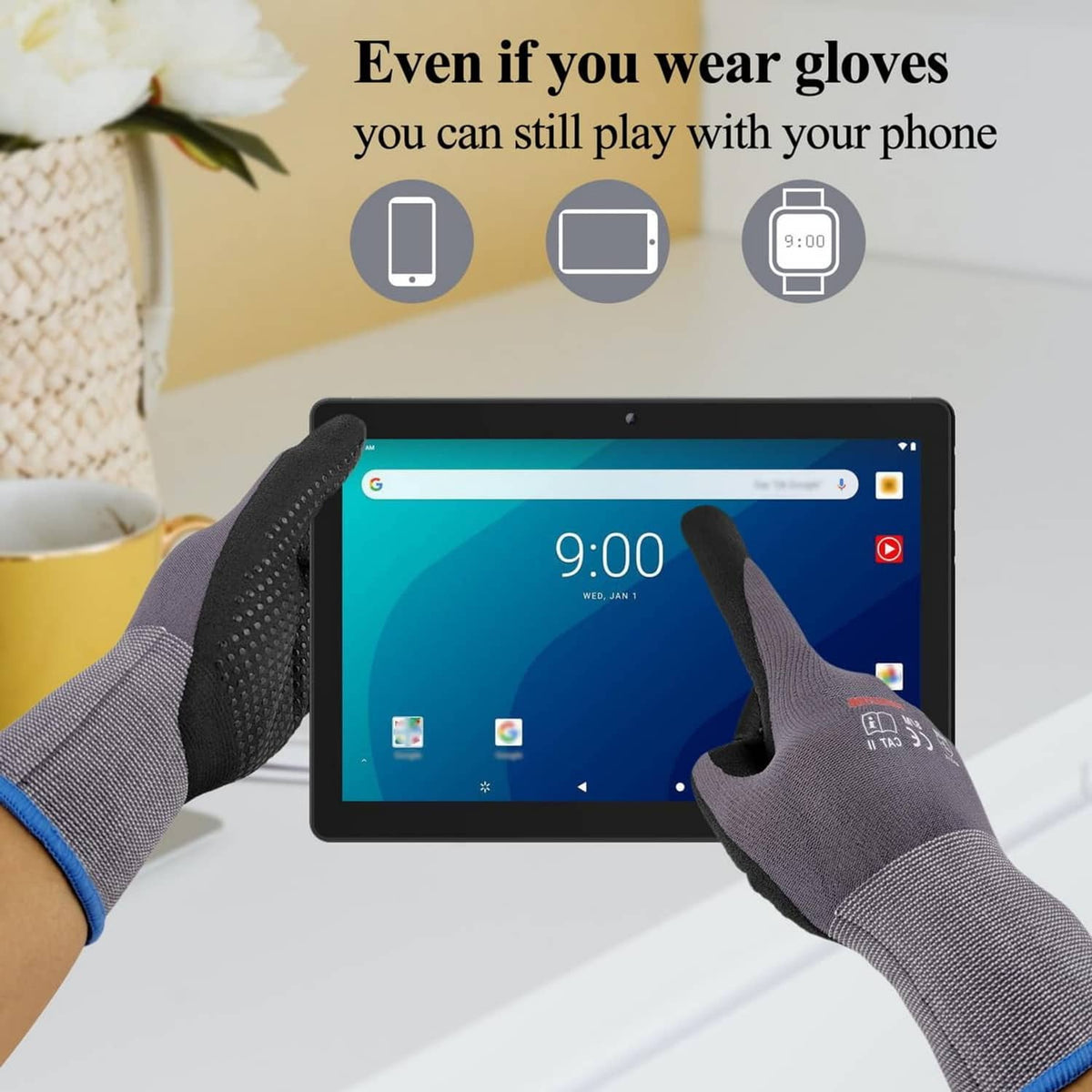 Grip work gloves using a touchscreen tablet while wearing the gloves