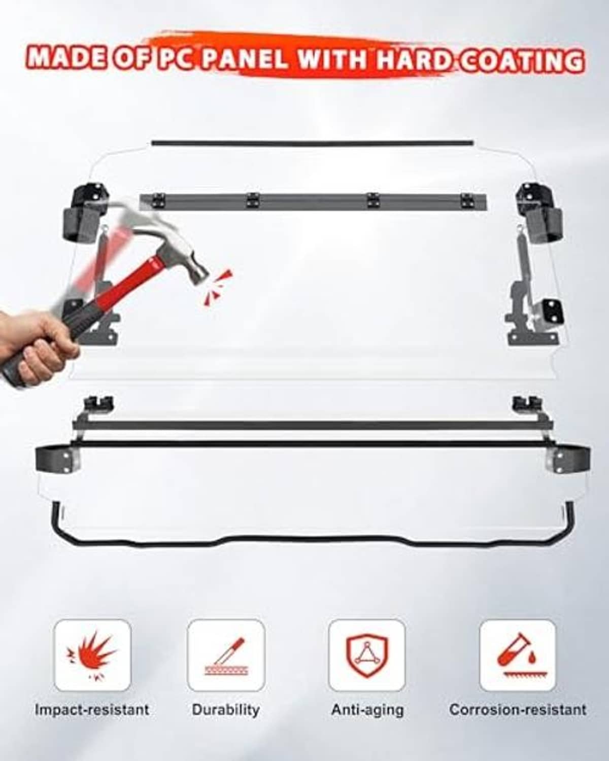 Windshield with hard-coated PC panel and side clamps for UTV installation