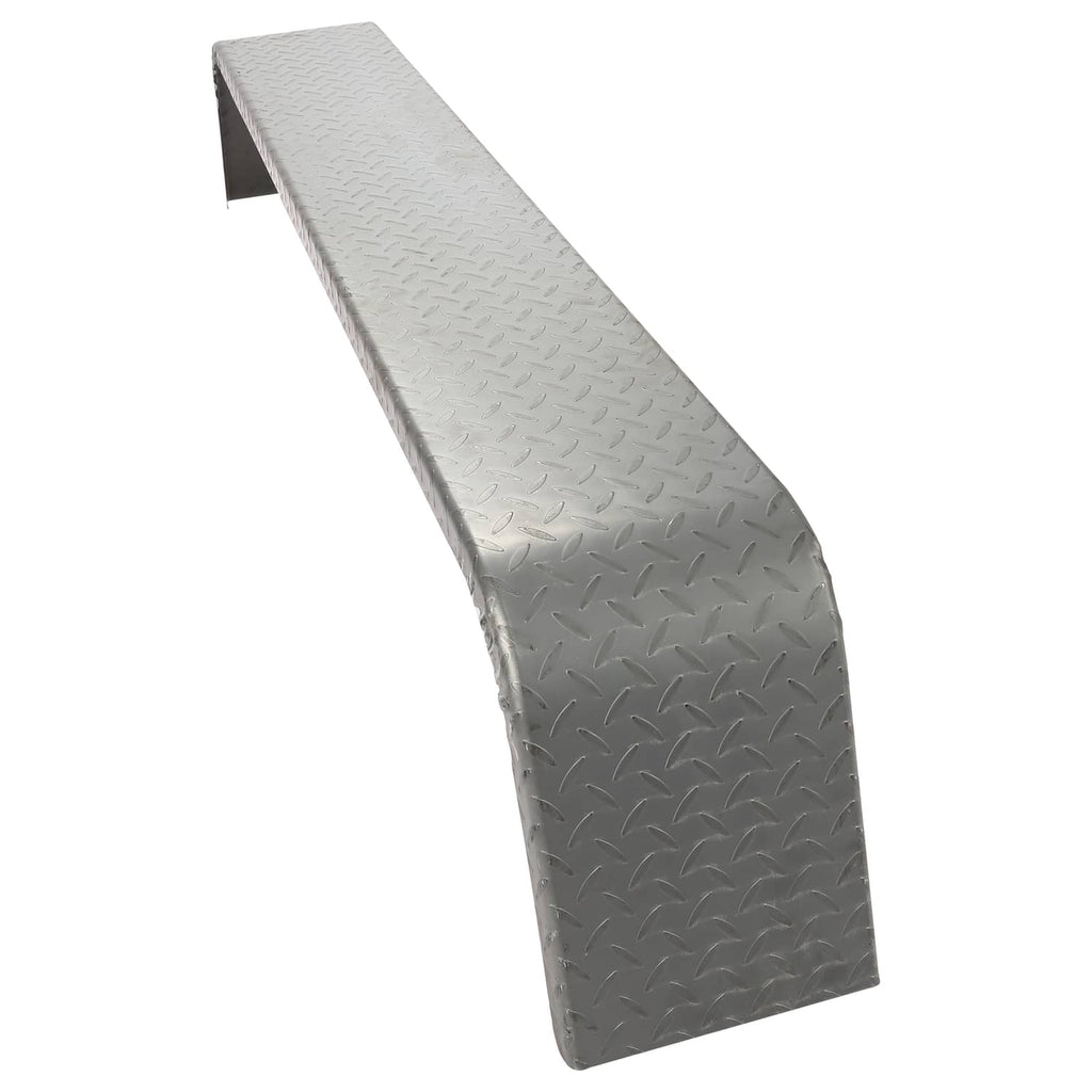 Steel diamond tread trailer fender with curved end and mounting tabs, silver-gray