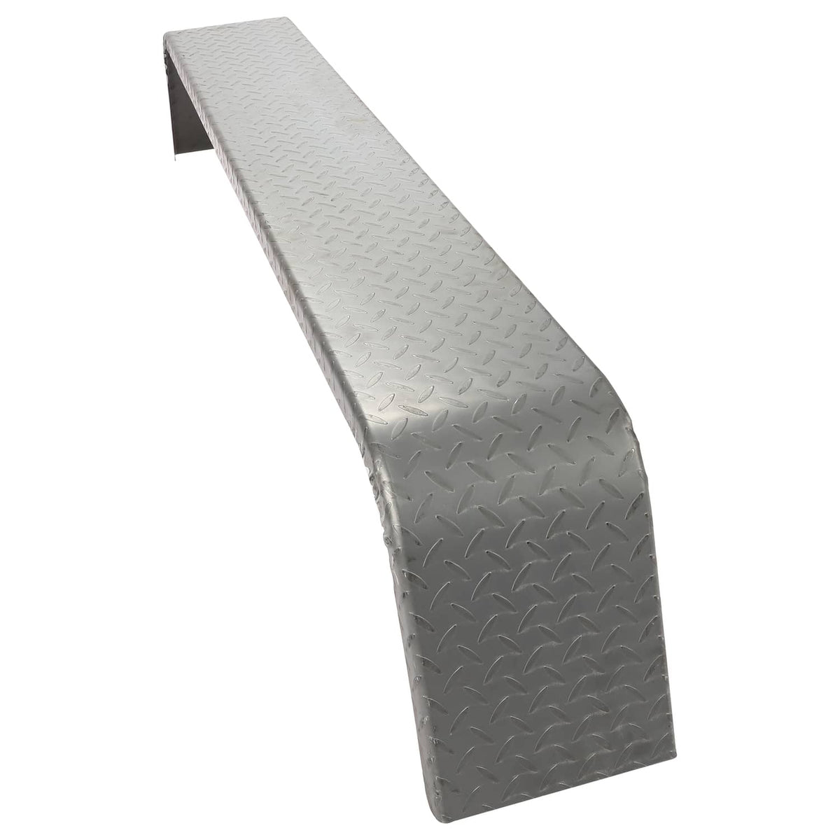 Steel diamond tread trailer fender with curved end and mounting tabs, silver-gray