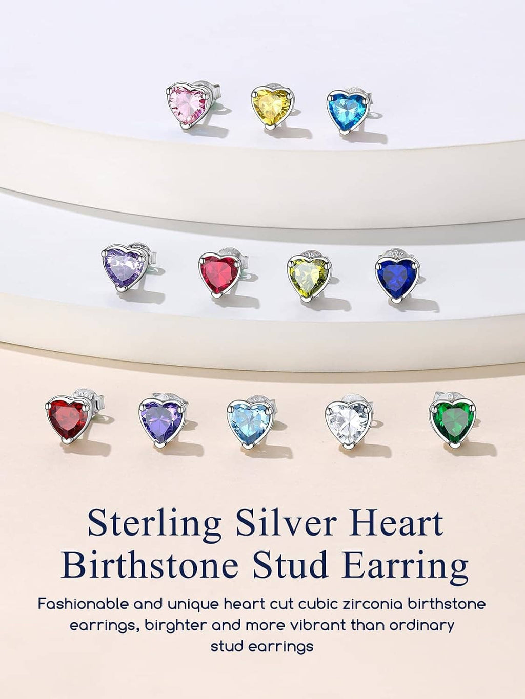 Assorted sterling silver heart birthstone stud earrings with colorful stones