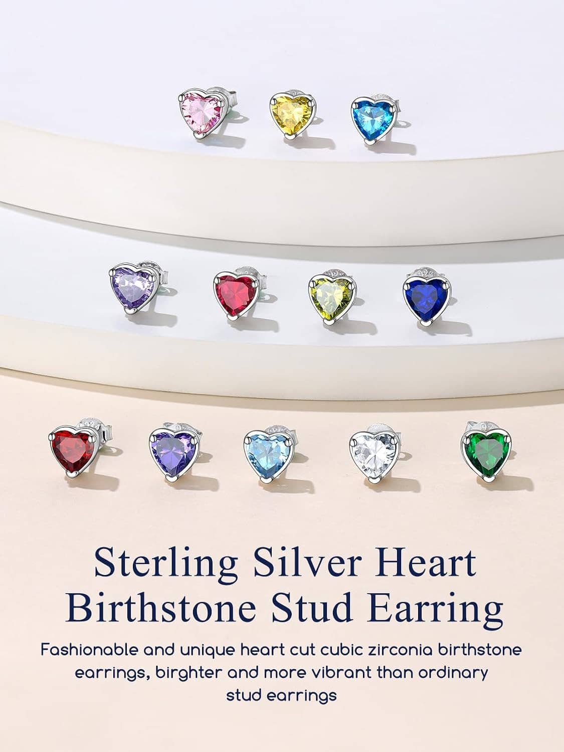 Assorted sterling silver heart birthstone stud earrings with colorful stones