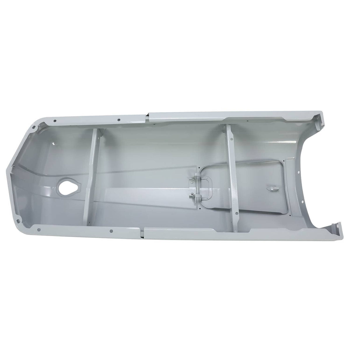 Underside view of gray tractor hood with battery compartment and inner braces
