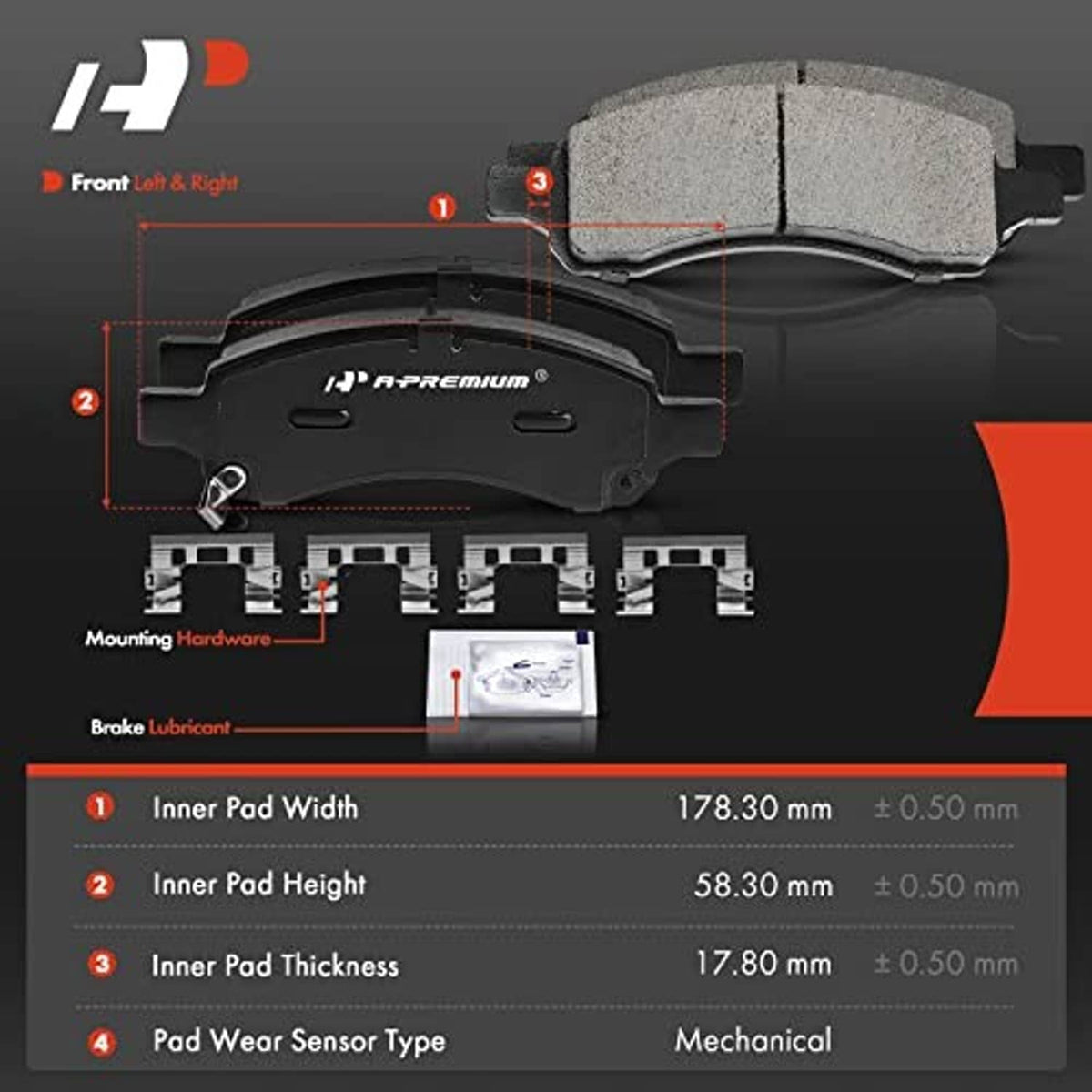 Front ceramic brake pads with mounting hardware and dimension chart overlay