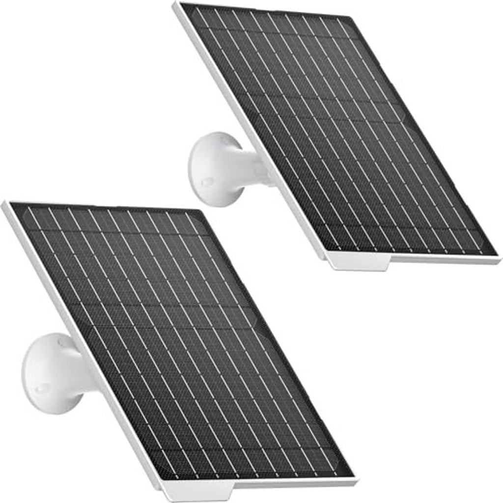 Two black solar panels with white mount bracket, shown side by side