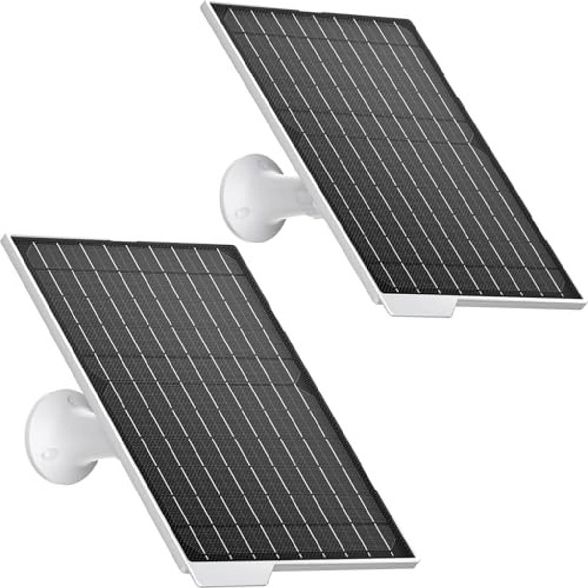 Two black solar panels with white mount bracket, shown side by side