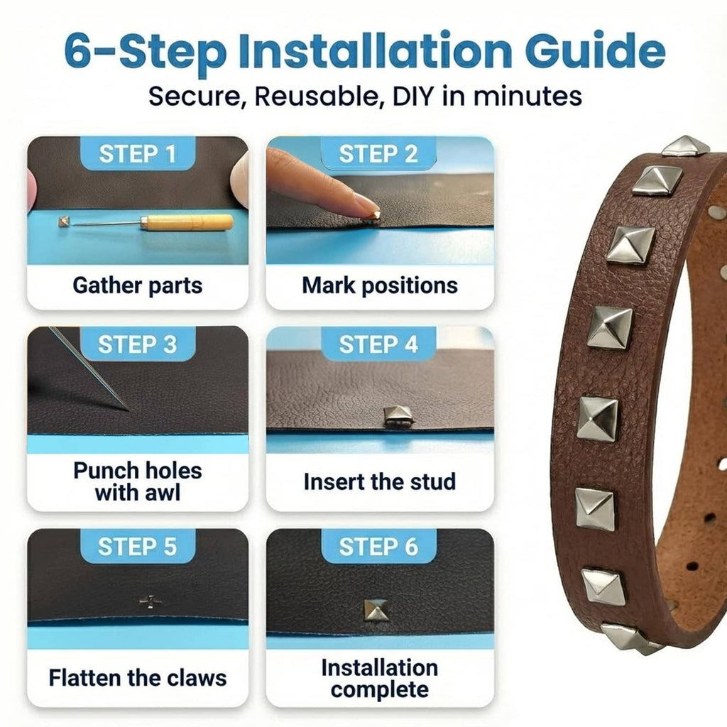 Craluuur punk spikes and studs kit 6-step installation guide with brown leather strap and studs