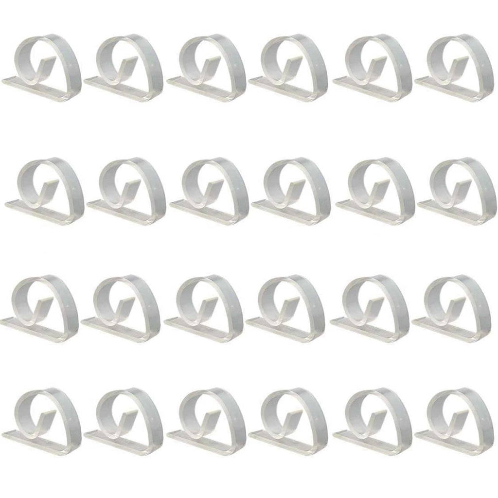 Clear plastic tablecloth clips, 24-pack, shown in rows