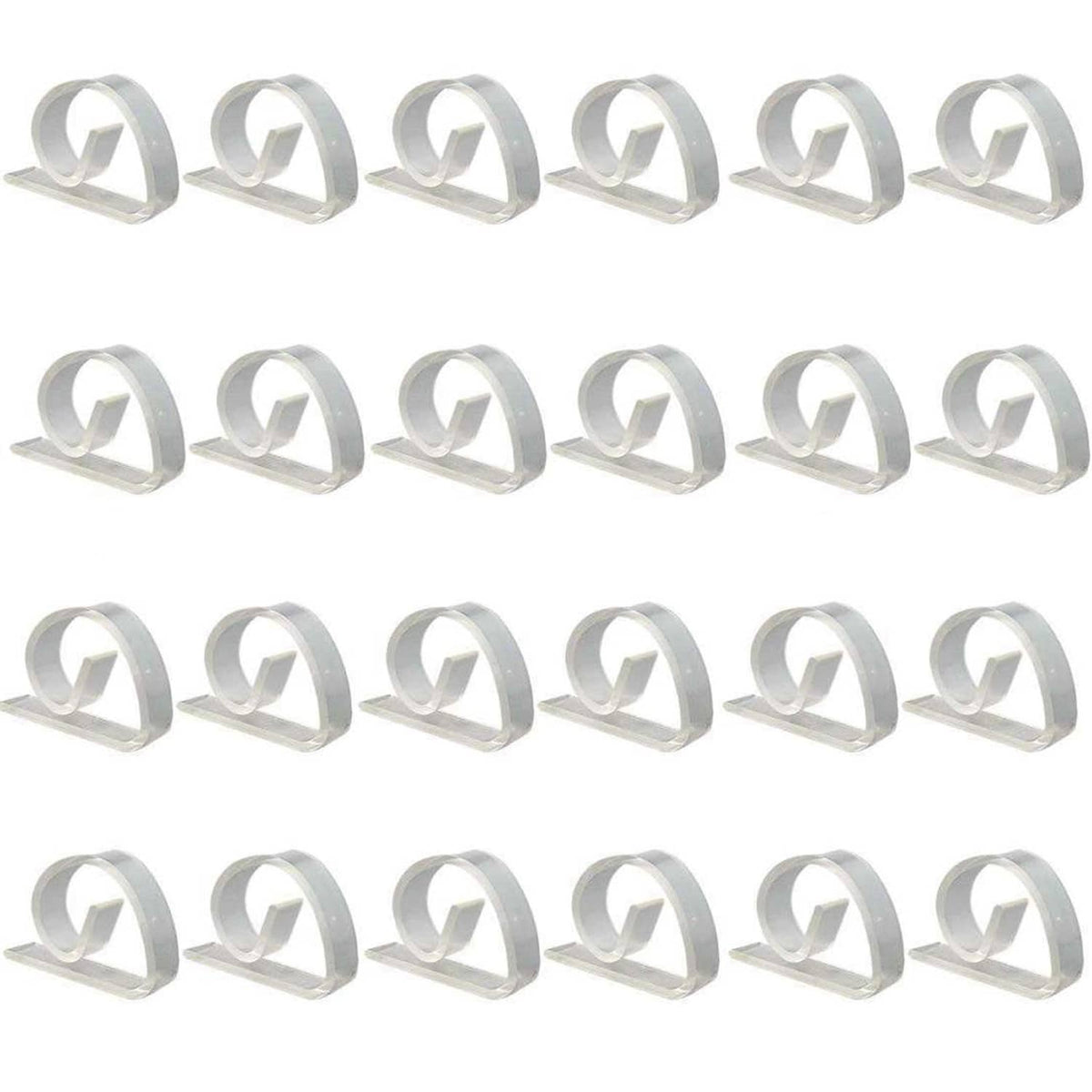 Clear plastic tablecloth clips, 24-pack, shown in rows
