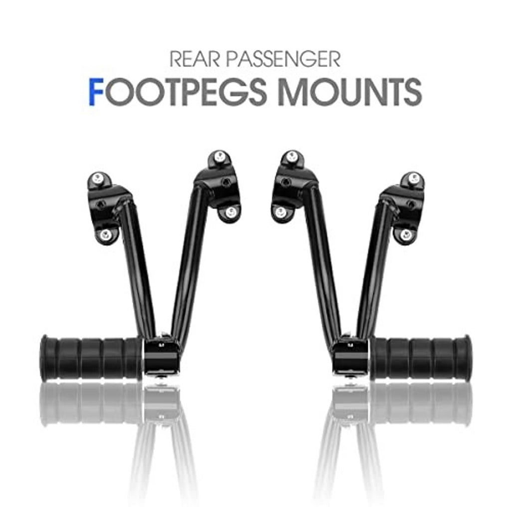 Black rear passenger foot peg mounts with rubber grips, shown as a pair