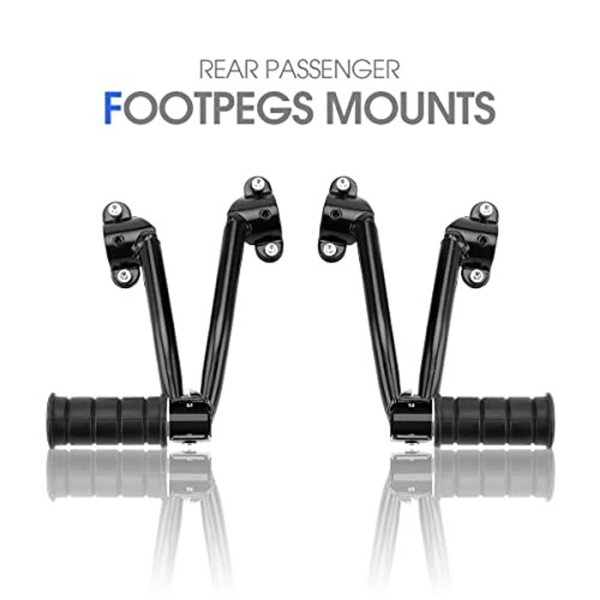 Black rear passenger foot peg mounts with rubber grips, shown as a pair