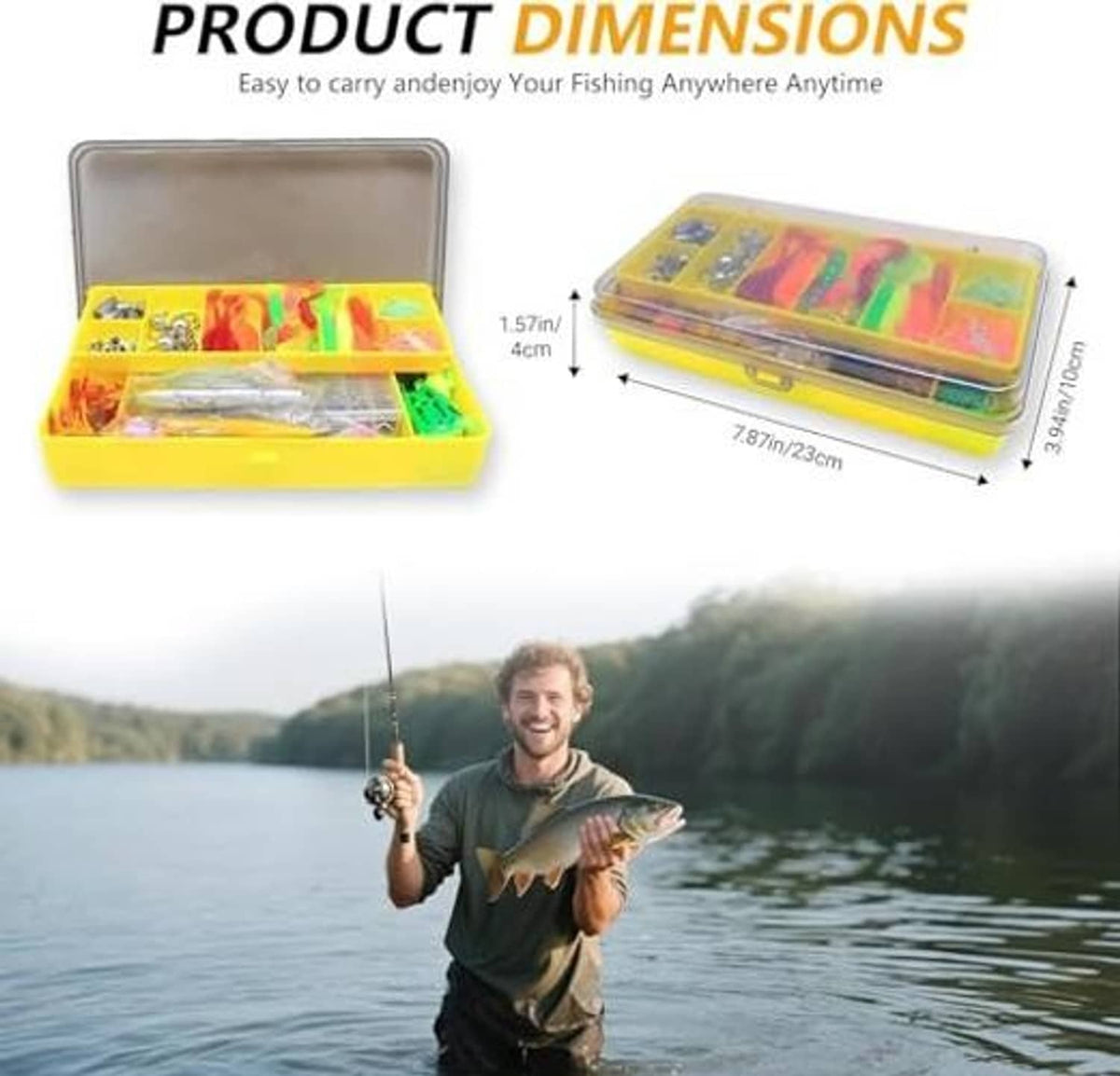 Fishing lure tackle box kit with yellow case and transparent lid, shown with dimensions