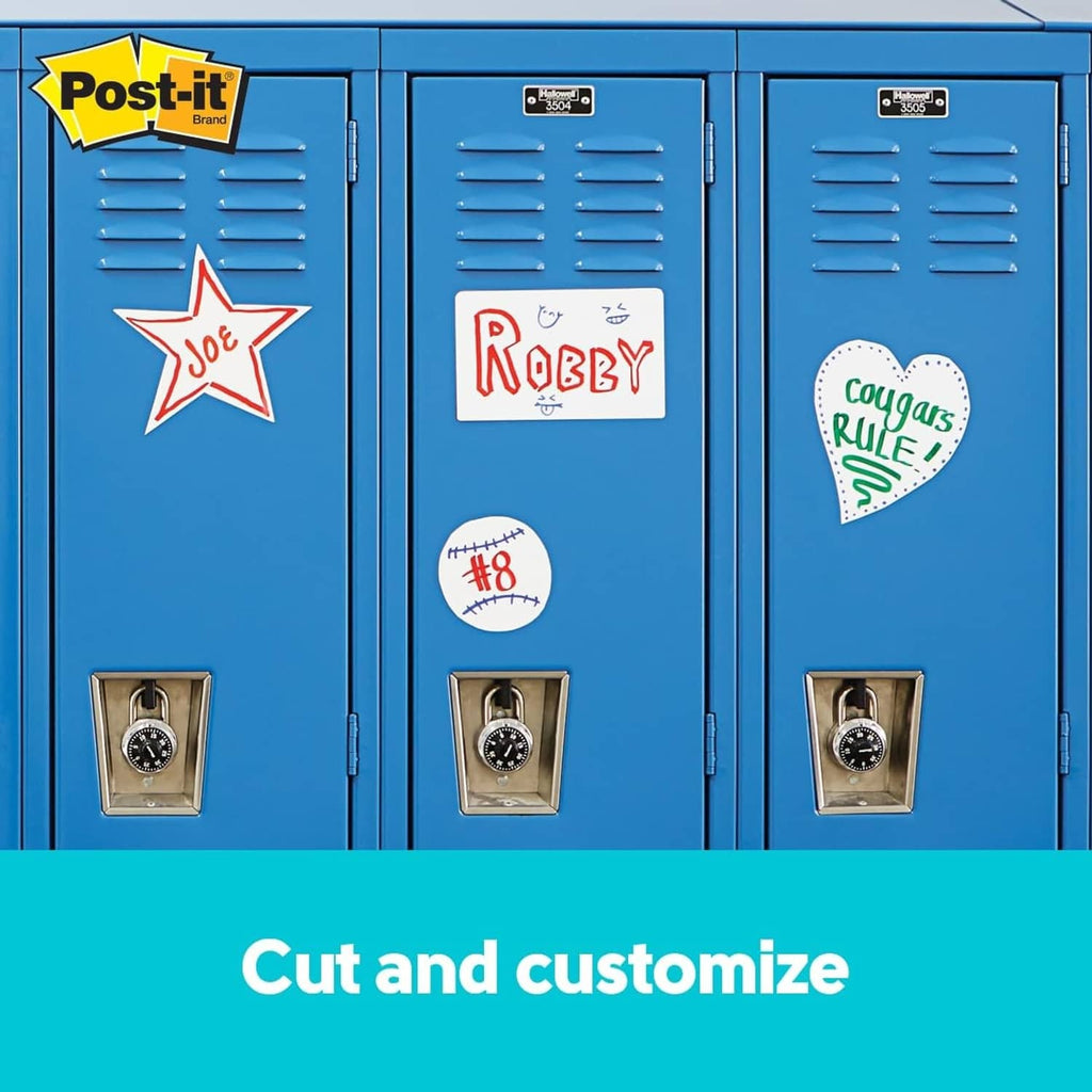 Dry erase sheets on blue locker doors with magnets and decals