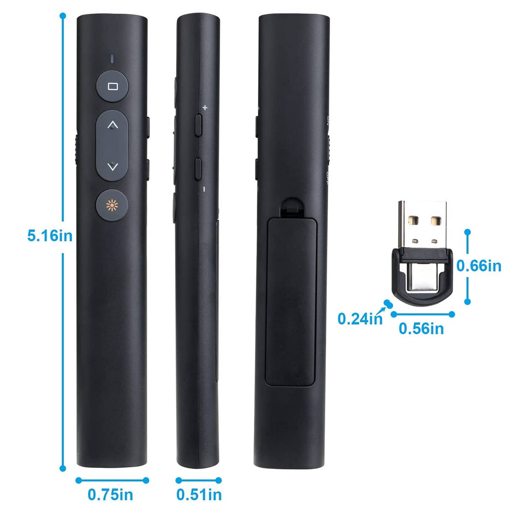 Black presentation remote shown from side and back with USB receiver dimension details