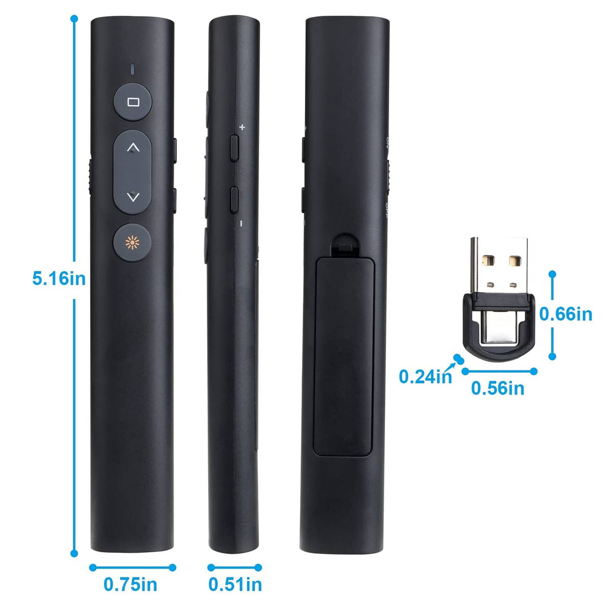 Black presentation remote shown from side and back with USB receiver dimension details
