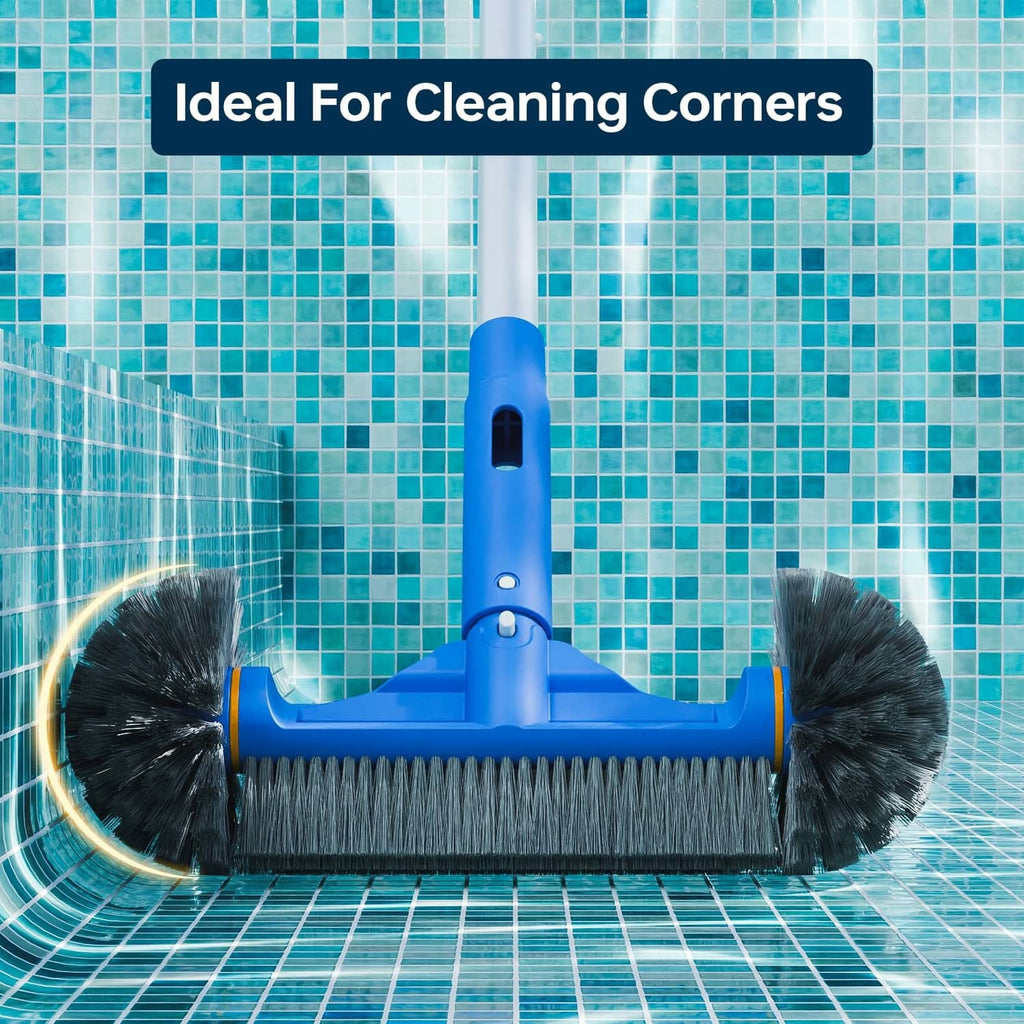 Blue corner pool brush with wide base and two side bristle wheels.