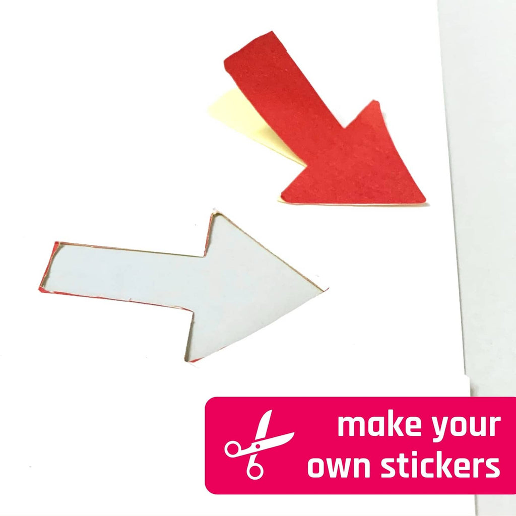 Printable white sticker paper with red and gray arrow-shaped sample stickers