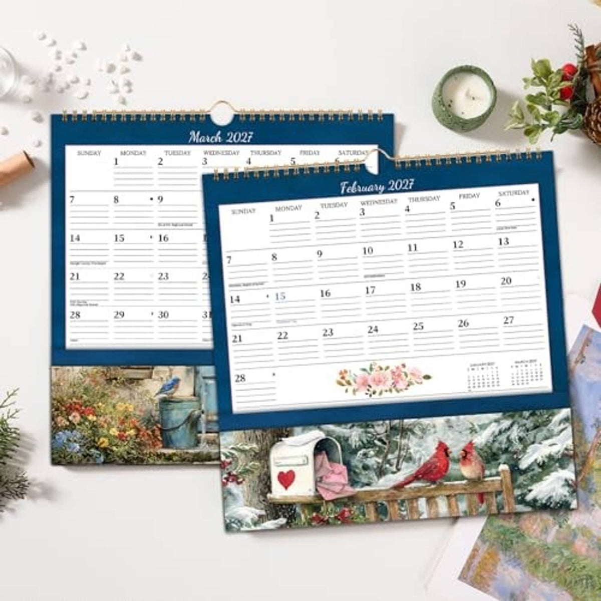 Two blue wall calendars for March and February 2027, each with hanging loop