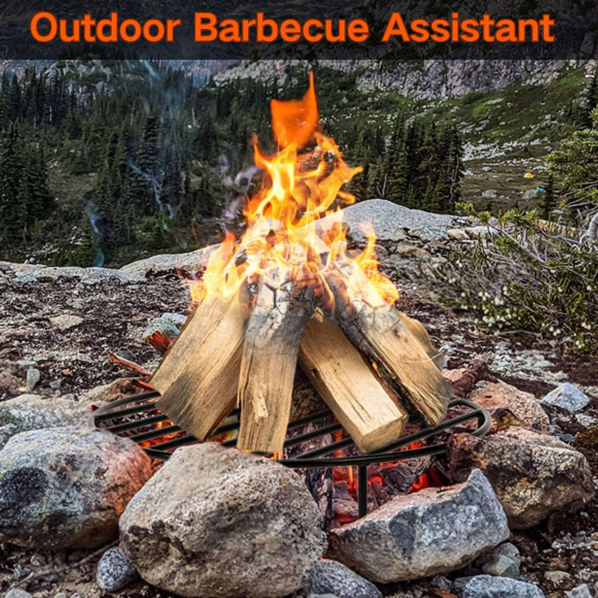 Outdoor fire pit grate with wood logs and flames above the circular metal ring