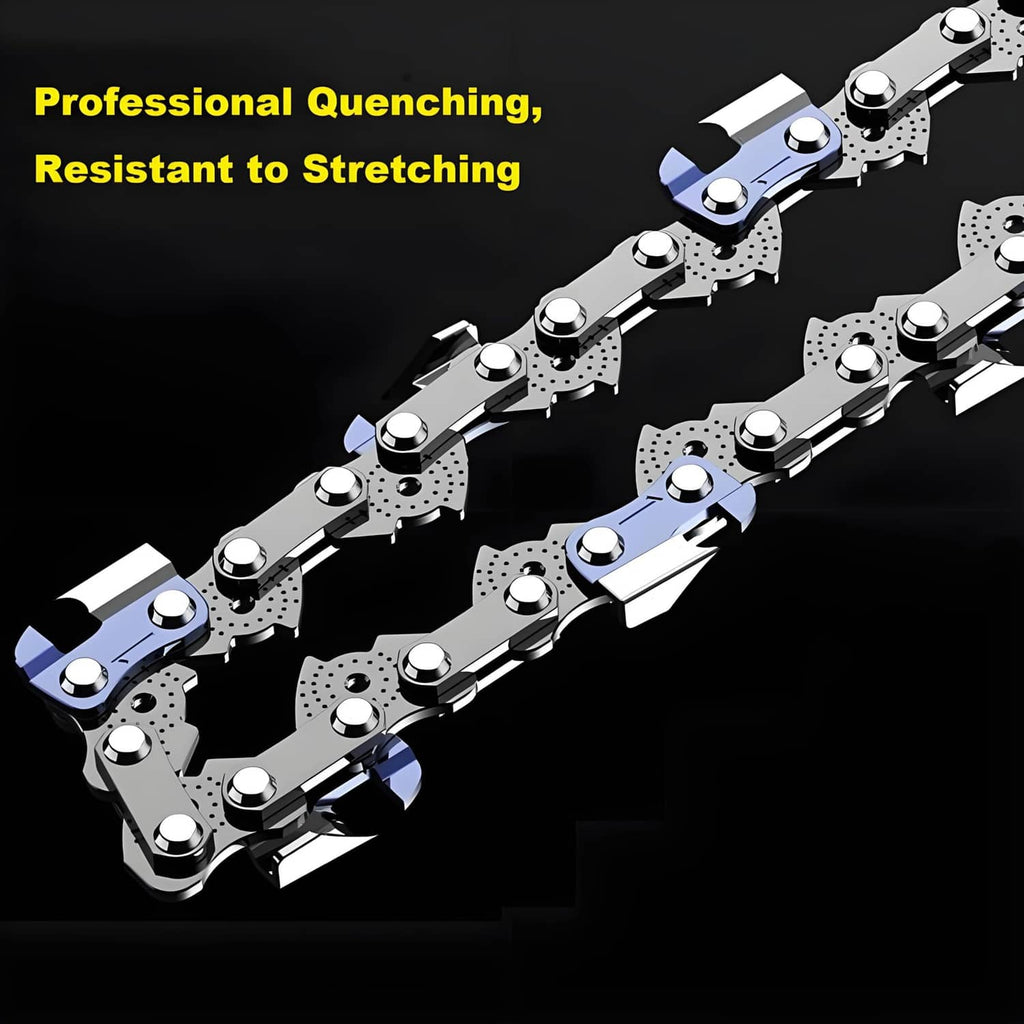 Two chainsaw chains with riveted plates and cutting teeth for consistent drive