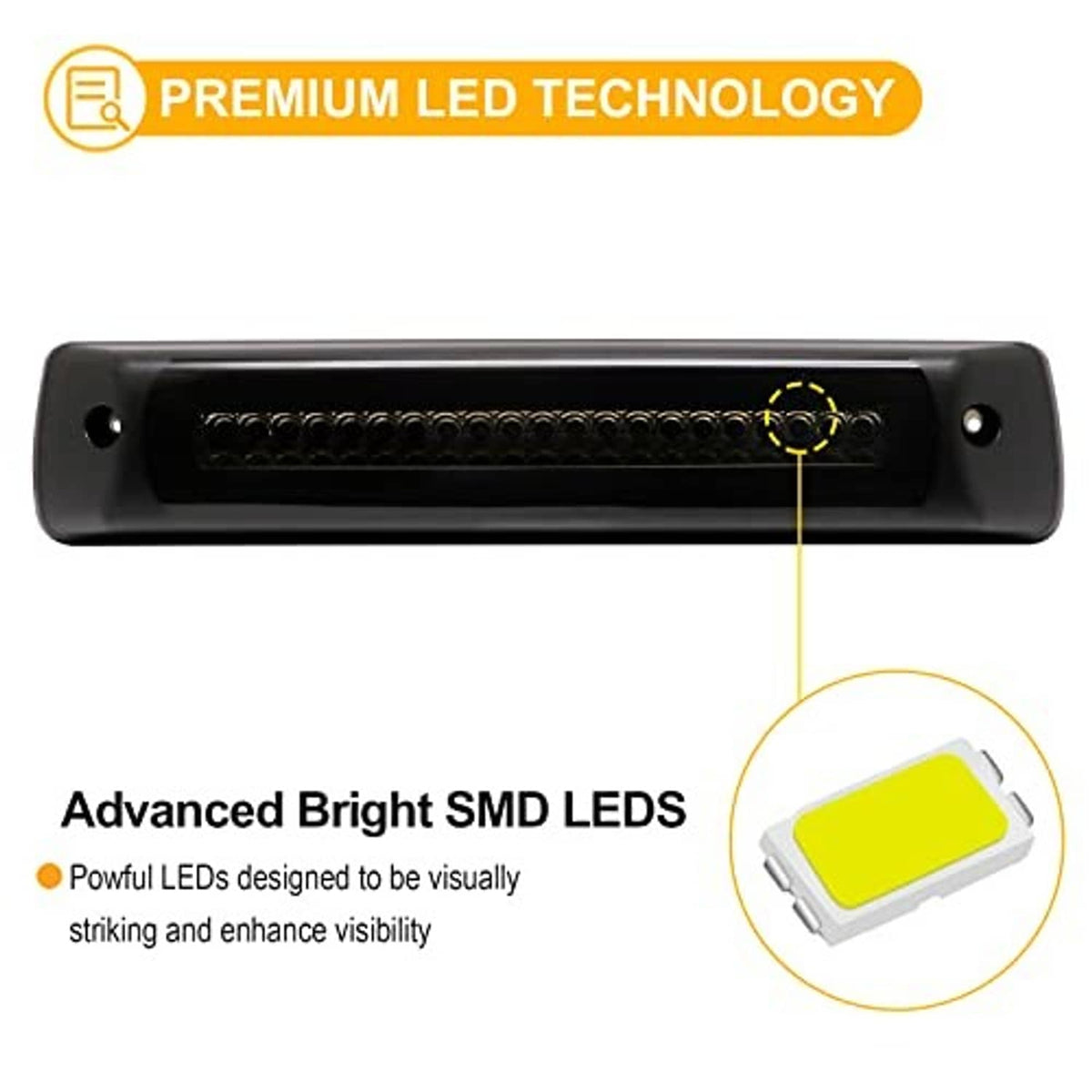 Smoked LED third brake light with dark rectangular housing and visible SMD LED array