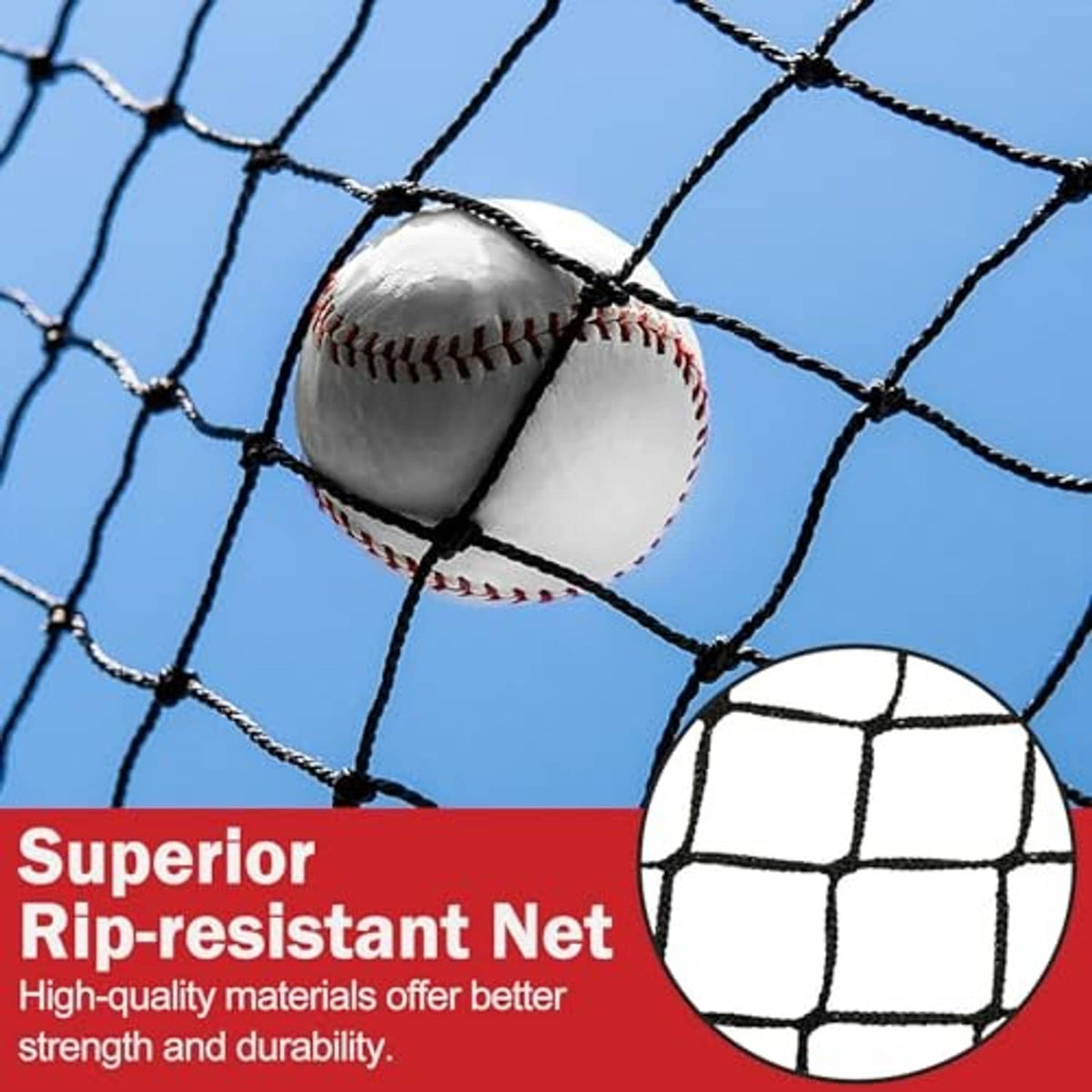 Rip-resistant baseball net with baseball and red strike-zone target grid