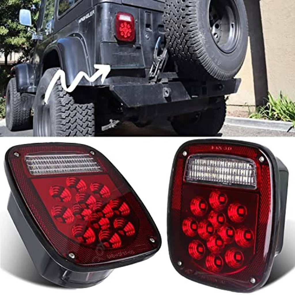 LED trailer tail lights with red lenses and white bars, black housings (pair)