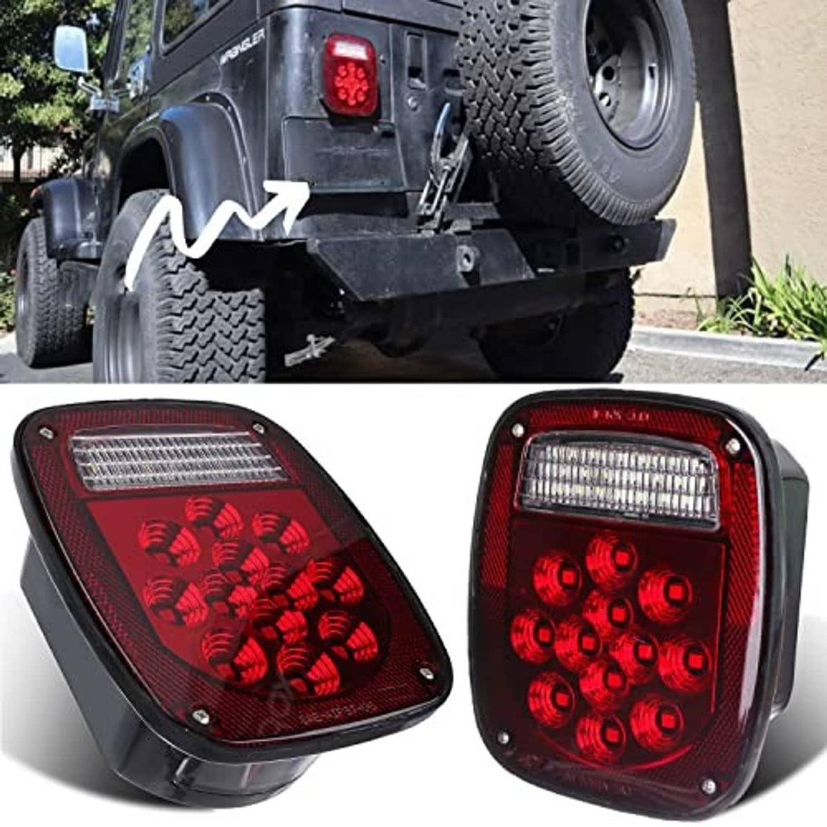 LED trailer tail lights with red lenses and white bars, black housings (pair)