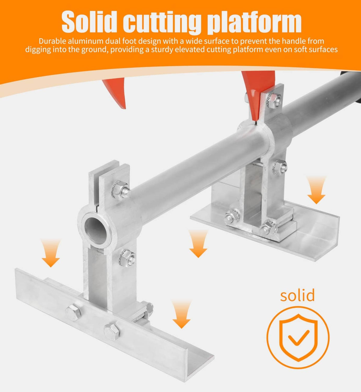 Wood jack with solid cutting platform feet on silver arms and clamp supports