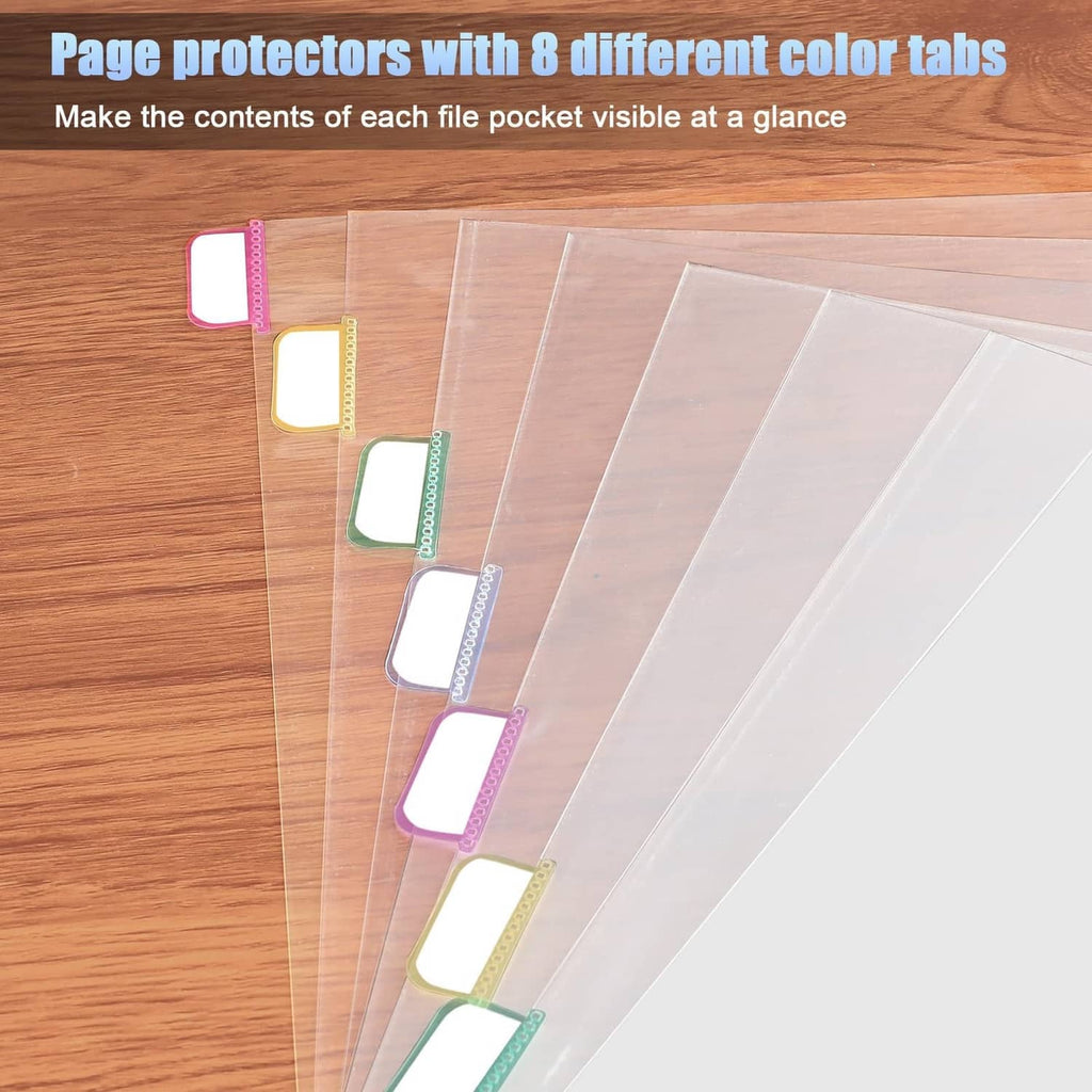 Clear sheet protectors with eight color tabs, pages visible at a glance