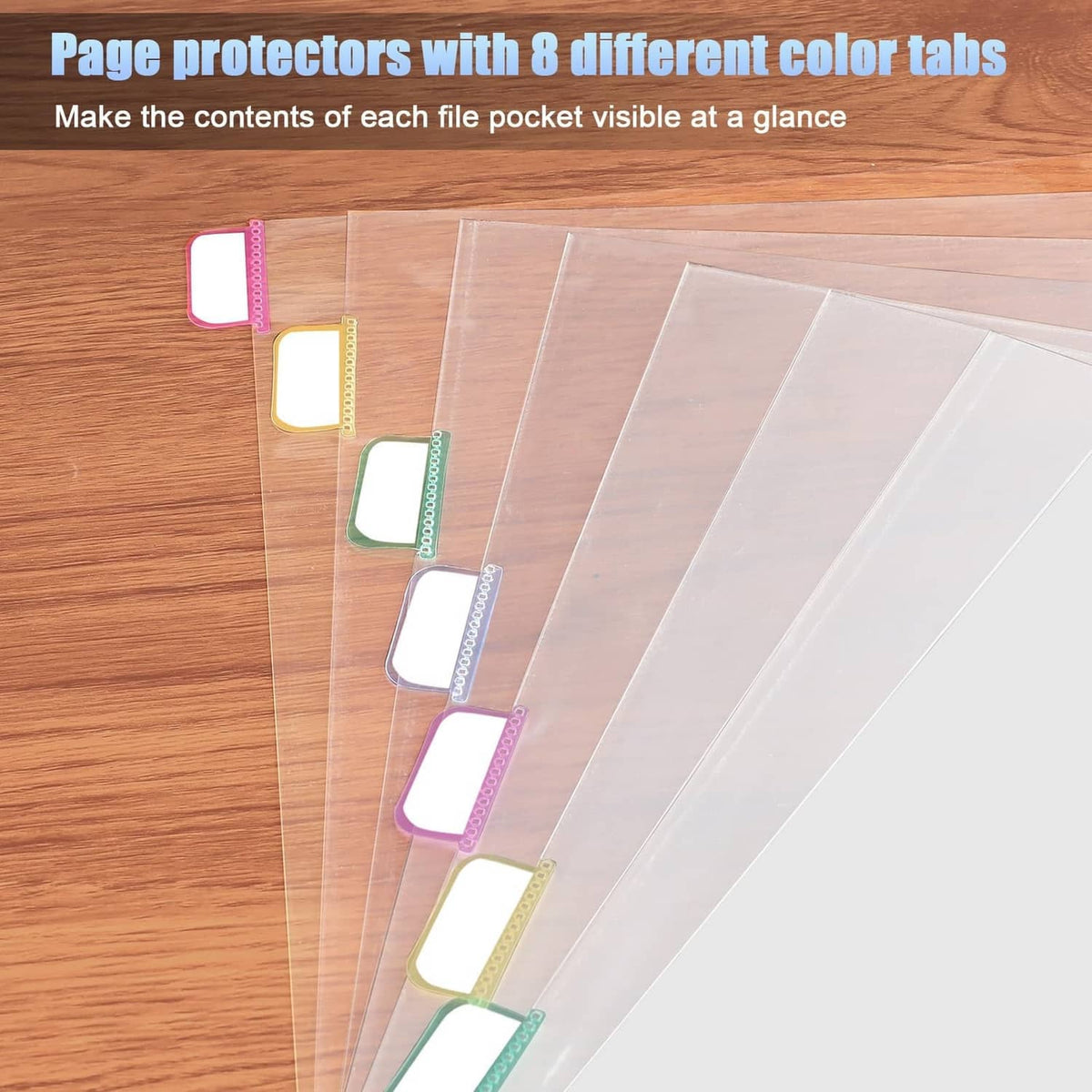 Clear sheet protectors with eight color tabs, pages visible at a glance