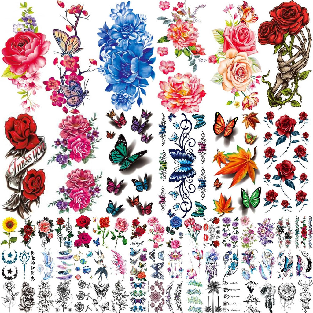 Temporary flower and butterfly tattoo sticker sheet with colorful roses, butterflies, and vines