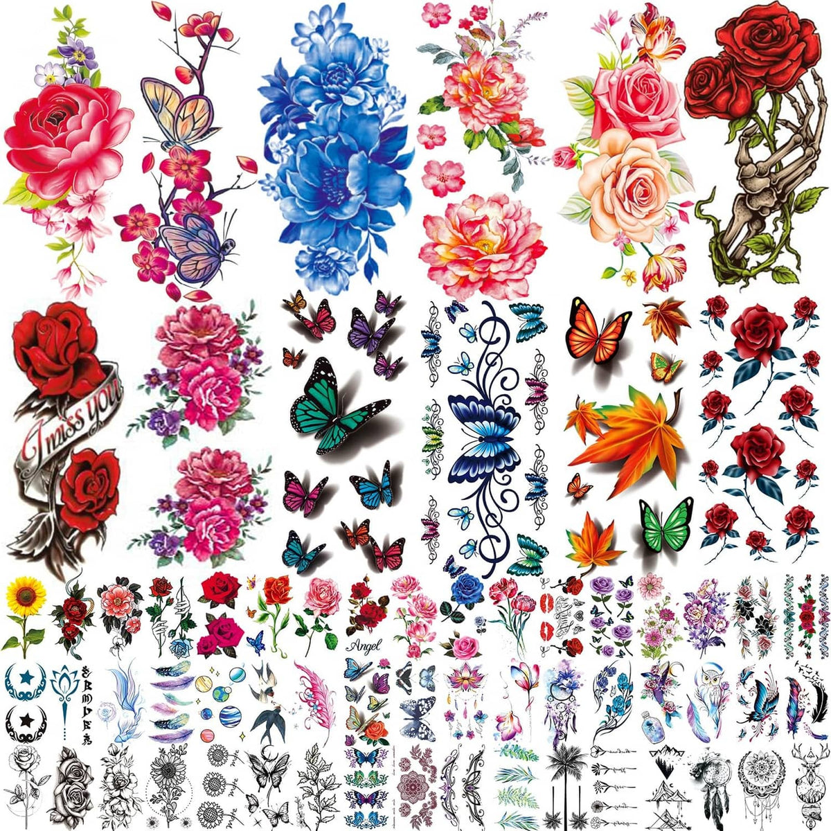Temporary flower and butterfly tattoo sticker sheet with colorful roses, butterflies, and vines