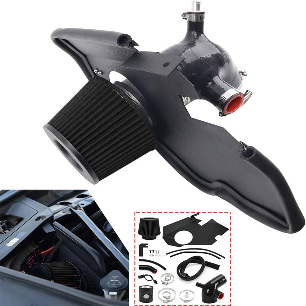 Black cold air intake assembly with cone filter, red coupler tips, and mounting plate