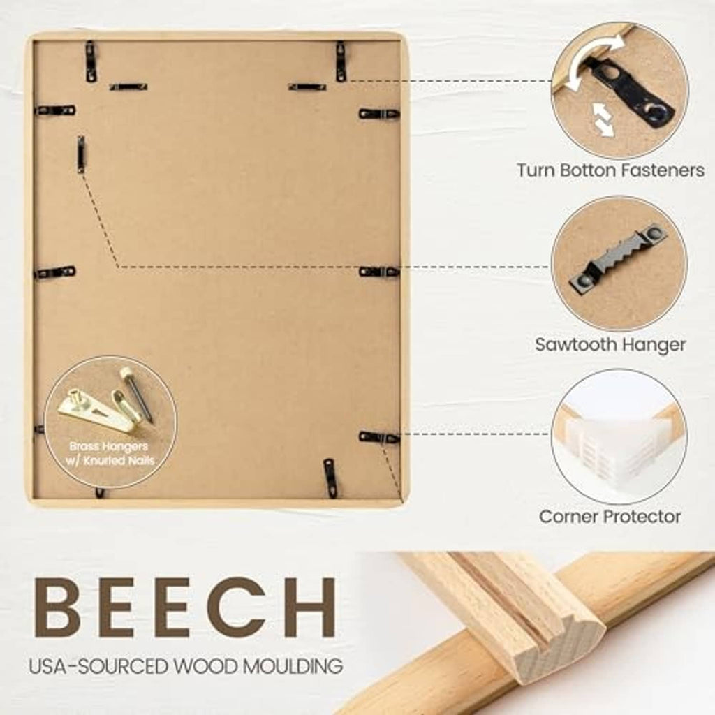 Beech wood picture frame backing with metal hangers and corner protector