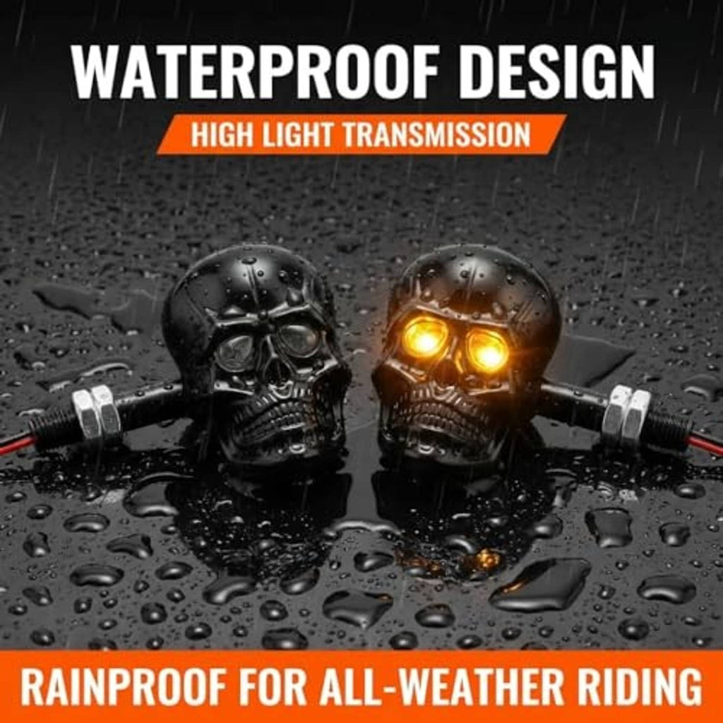 Black skull LED amber turn signals with glowing amber eyes in water droplets