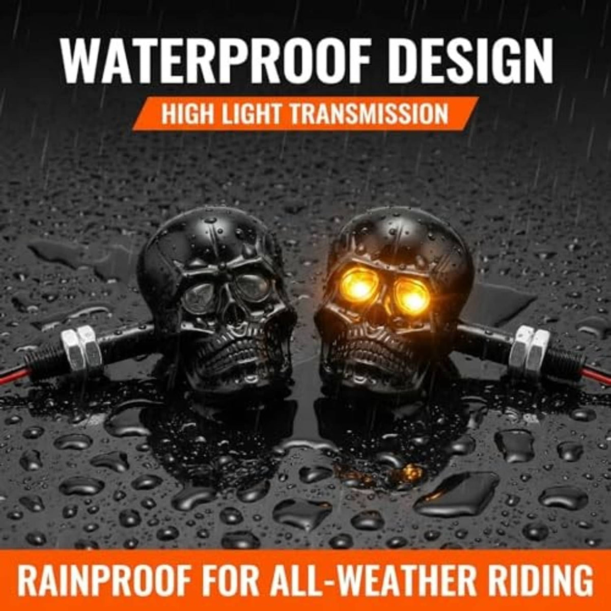 Black skull LED amber turn signals with glowing amber eyes in water droplets