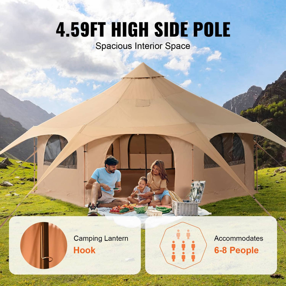 Beige bell tent with high side poles and arched door opening, open front