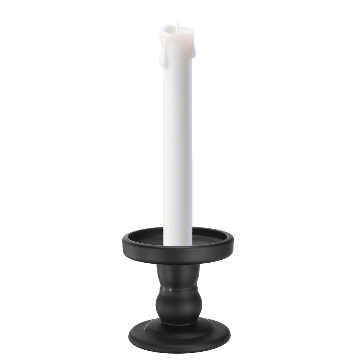 Matte black glass candle holder with flared base, holding a taper candle