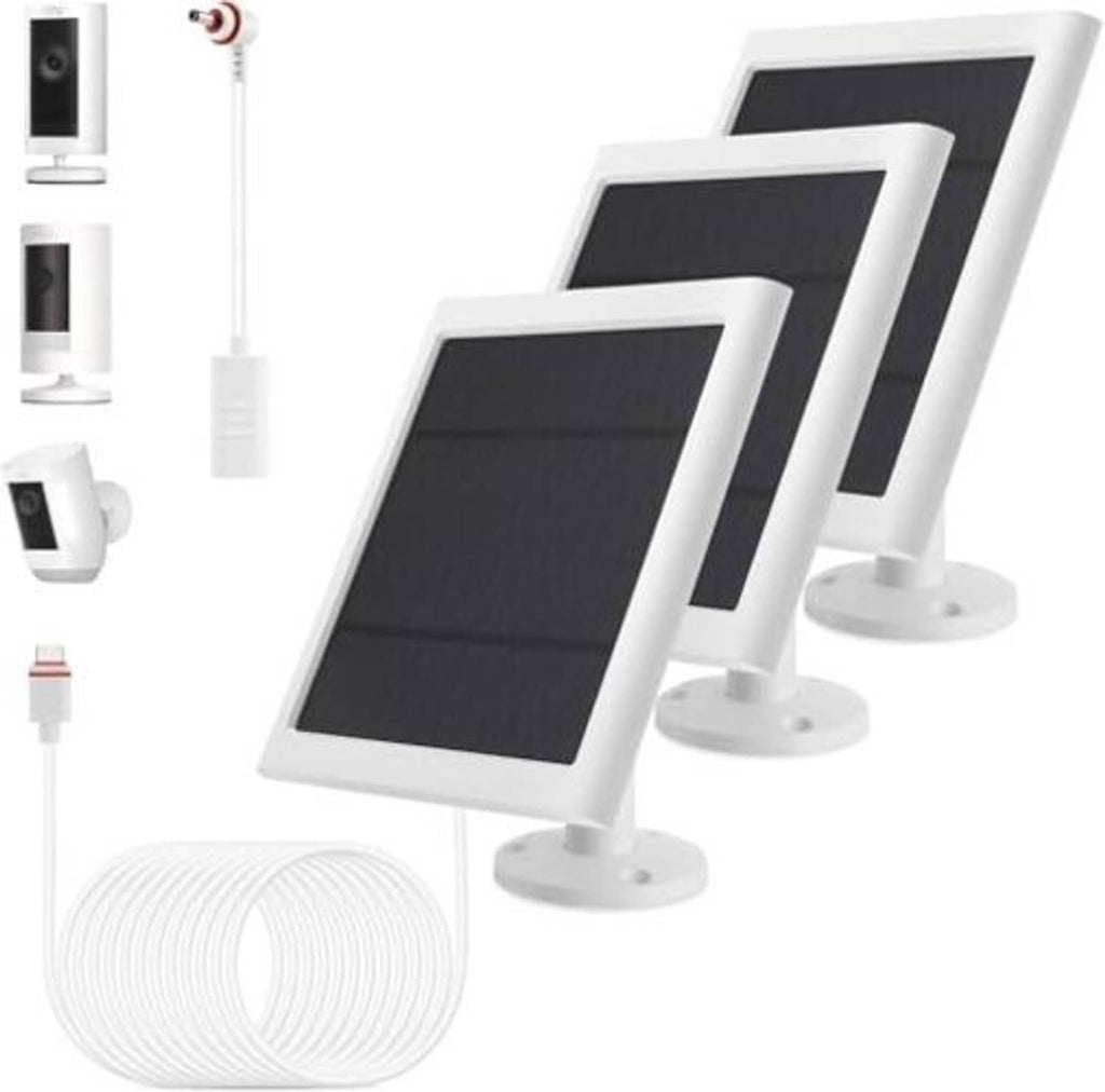 White outdoor solar panel charger kit with three fold-out panels and mounting bases