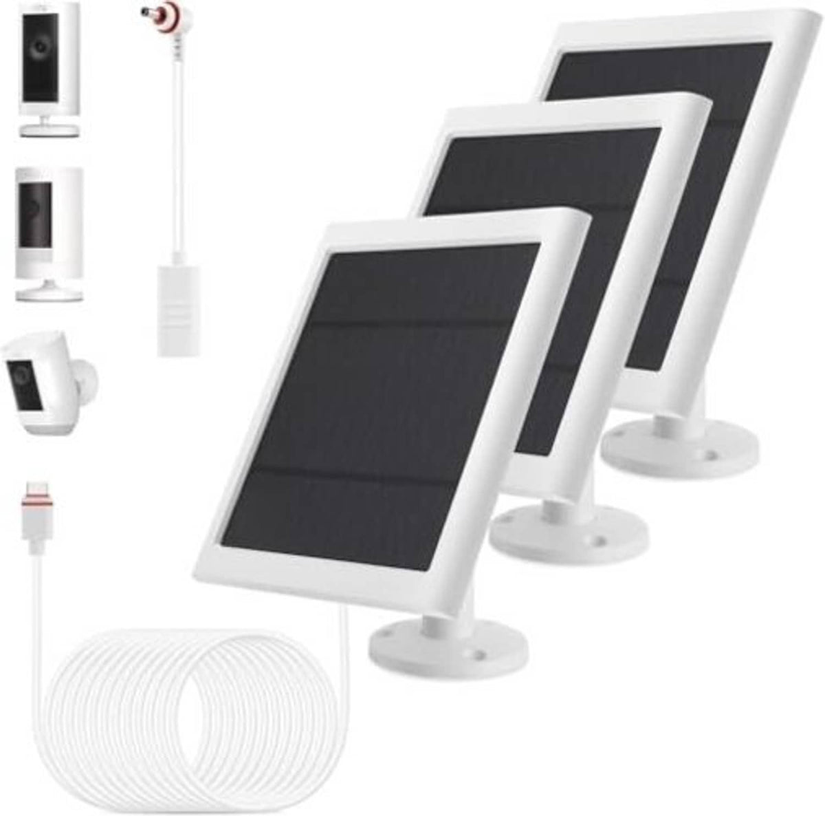 White outdoor solar panel charger kit with three fold-out panels and mounting bases