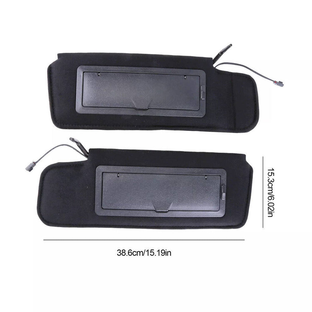 Black car sun visors with vanity mirror cutouts, back view for 2-pack