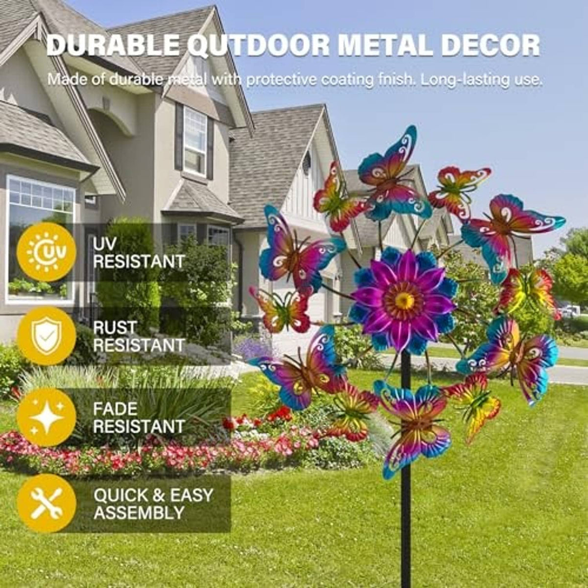 Durable metal butterfly garden wind spinner with protective coating, bright flower and butterflies